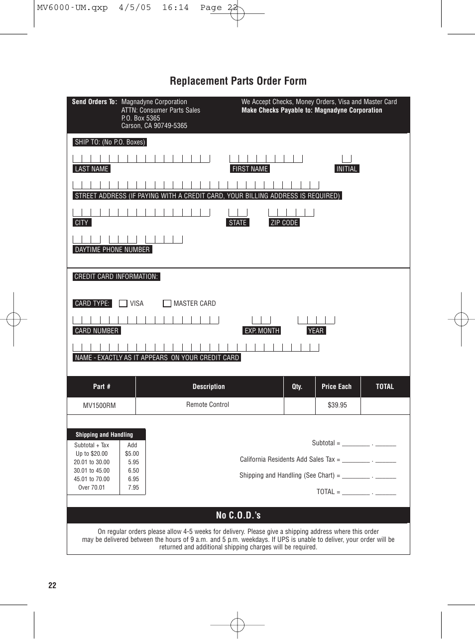 Replacement parts order form, No c.o.d.’s | Magnadyne MV6000 User Manual | Page 22 / 24