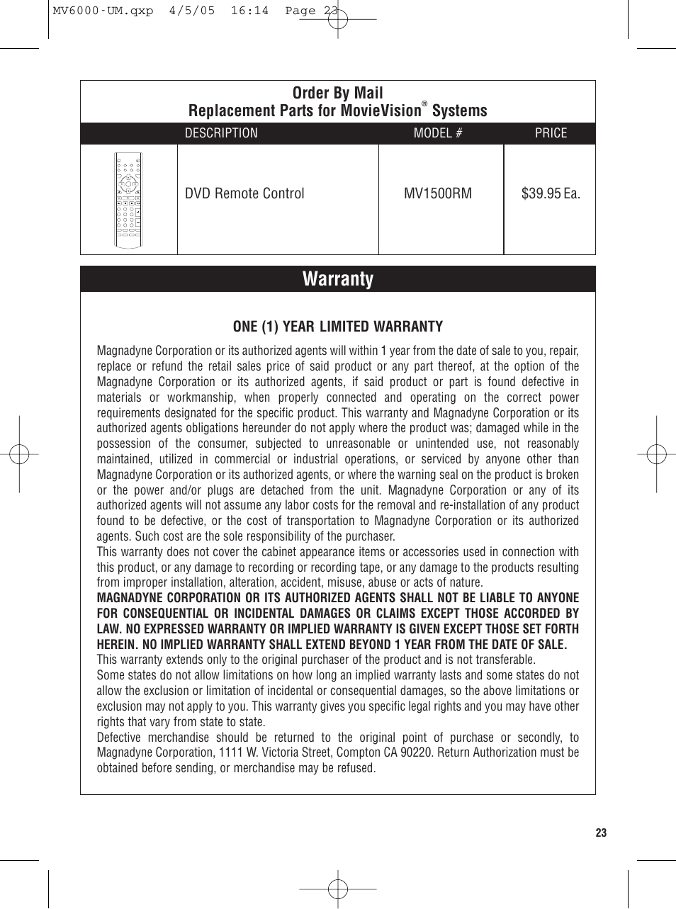 Warranty, Order by mail replacement parts for movievision, Systems | Magnadyne MV6000 User Manual | Page 23 / 24