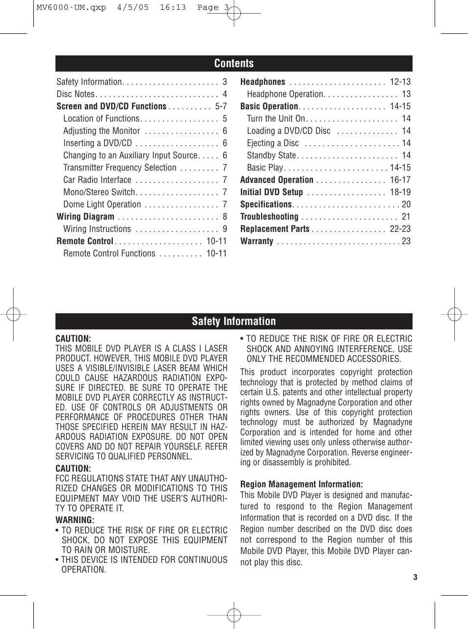 Contents safety information | Magnadyne MV6000 User Manual | Page 3 / 24