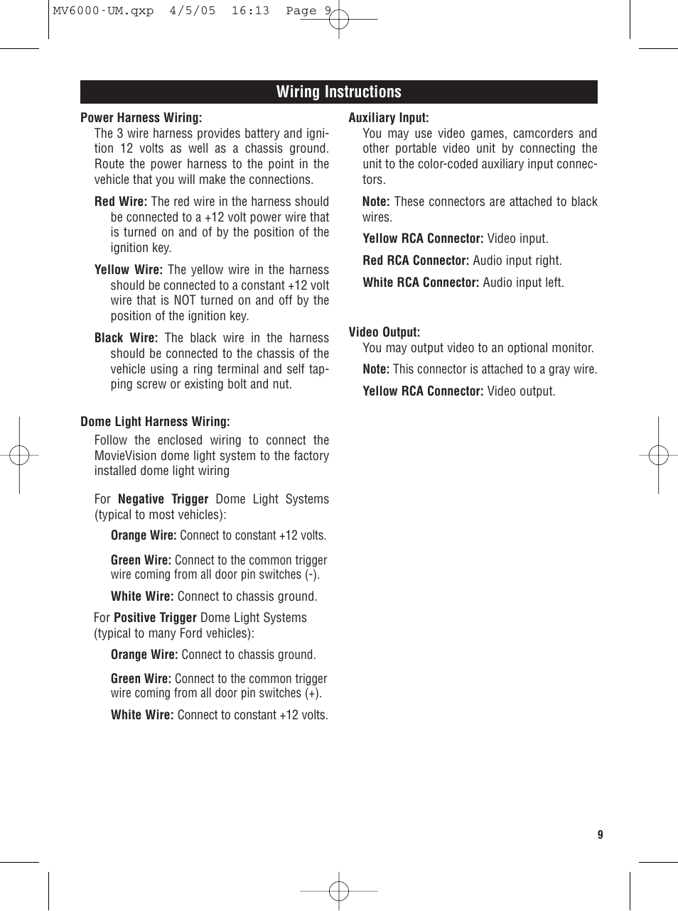 Wiring instructions | Magnadyne MV6000 User Manual | Page 9 / 24