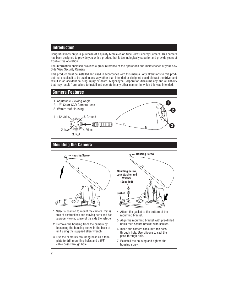Introduction, Camera features, Mounting the camera | Magnadyne C-SDR User Manual | Page 2 / 4