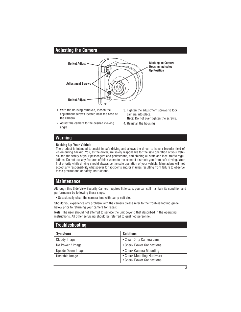 Troubleshooting, Maintenance, Warning | Adjusting the camera | Magnadyne C-SDR User Manual | Page 3 / 4