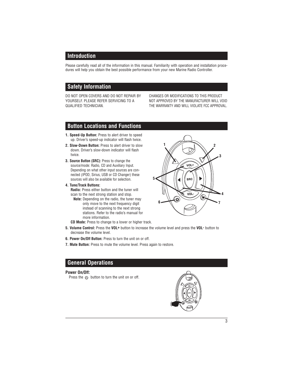 Introduction, Safety information, General operations | Button locations and functions | Magnadyne Universal Watertight Marine Radio Controller with Speed Indicators MRC-2U User Manual | Page 3 / 12