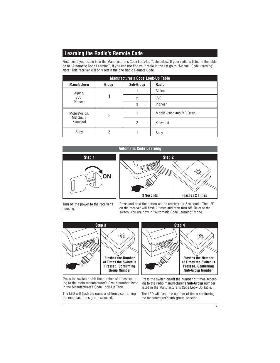 Learning the radio’s remote code | Magnadyne Universal Watertight Marine Radio Controller with Speed Indicators MRC-2U User Manual | Page 7 / 12