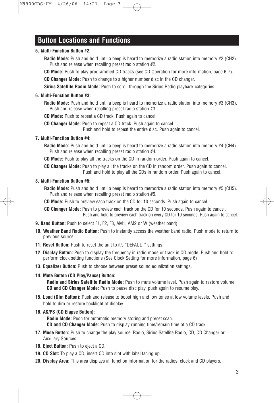 Button locations and functions | Magnadyne M9900CDS User Manual | Page 3 / 16