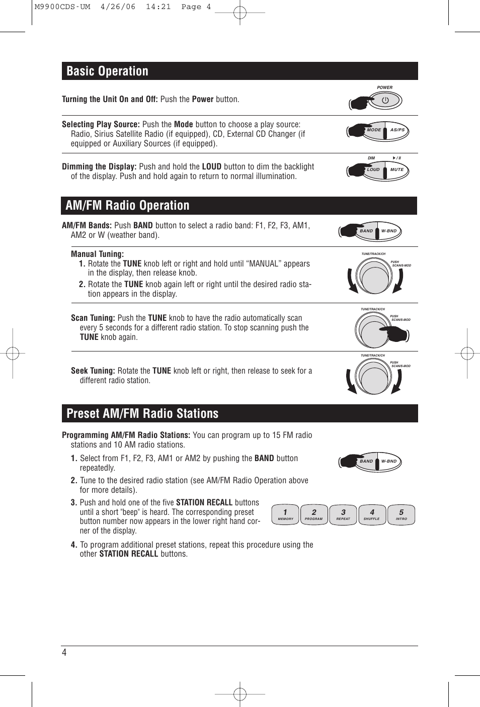 Basic operation, Preset am/fm radio stations am/fm radio operation | Magnadyne M9900CDS User Manual | Page 4 / 16