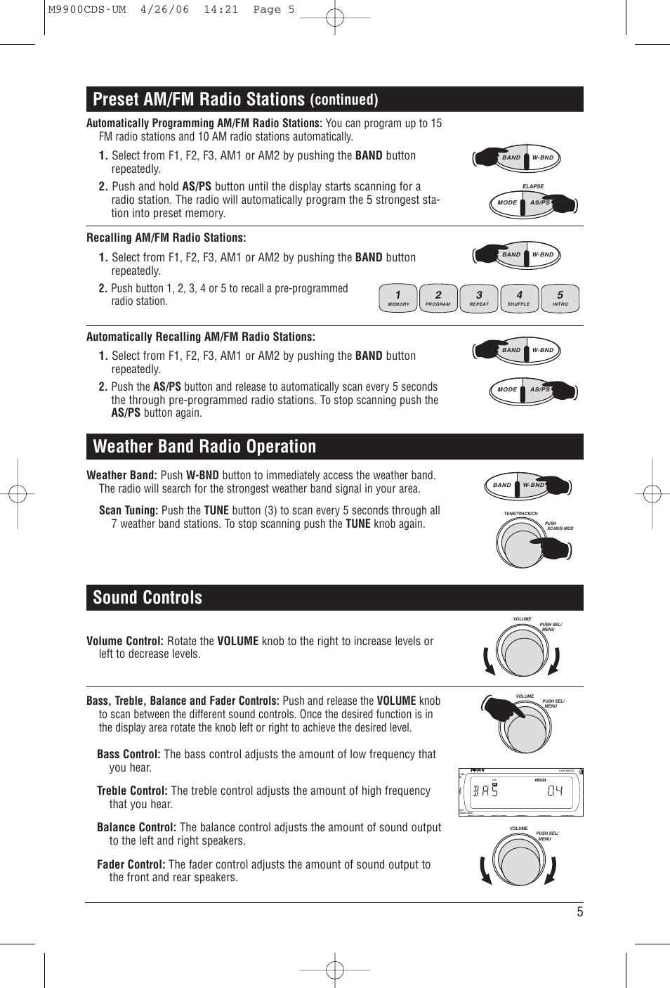 Weather band radio operation, Preset am/fm radio stations, Sound controls | Continued) | Magnadyne M9900CDS User Manual | Page 5 / 16