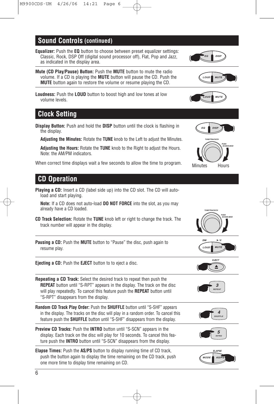 Clock setting sound controls, Cd operation, Continued) | Magnadyne M9900CDS User Manual | Page 6 / 16