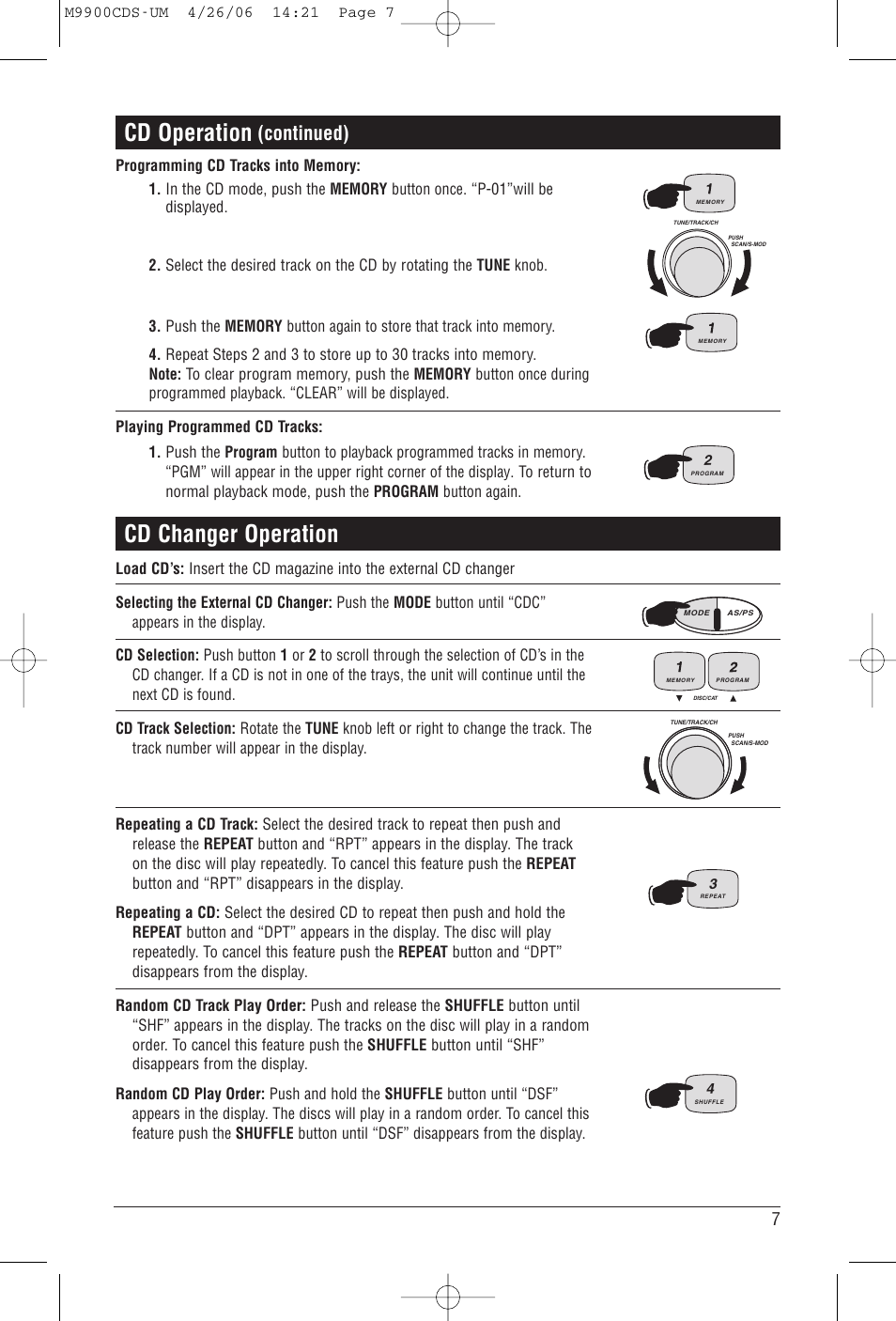 Cd operation, Cd changer operation, Continued) | Magnadyne M9900CDS User Manual | Page 7 / 16