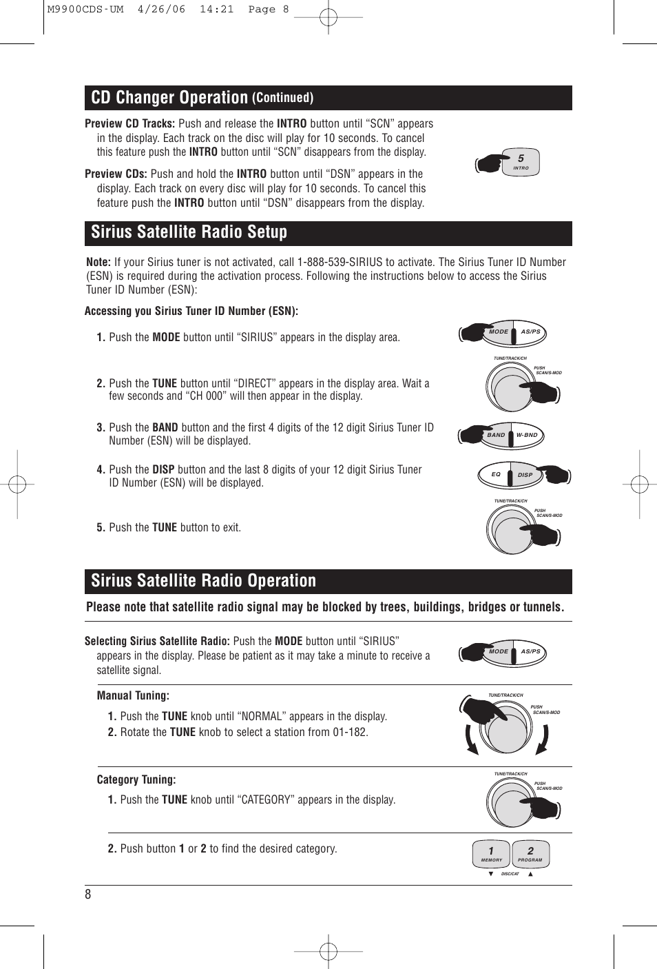 Sirius satellite radio setup cd changer operation, Sirius satellite radio operation, Continued) | Magnadyne M9900CDS User Manual | Page 8 / 16