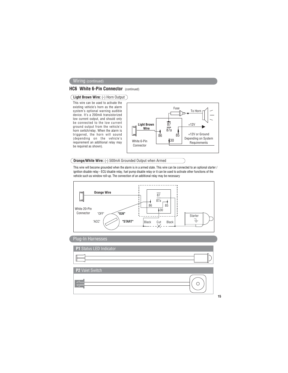 Wiring, Hc6 white 6-pin connector, Plug-in harnesses | Magnadyne Extreme Series X9 User Manual | Page 15 / 28