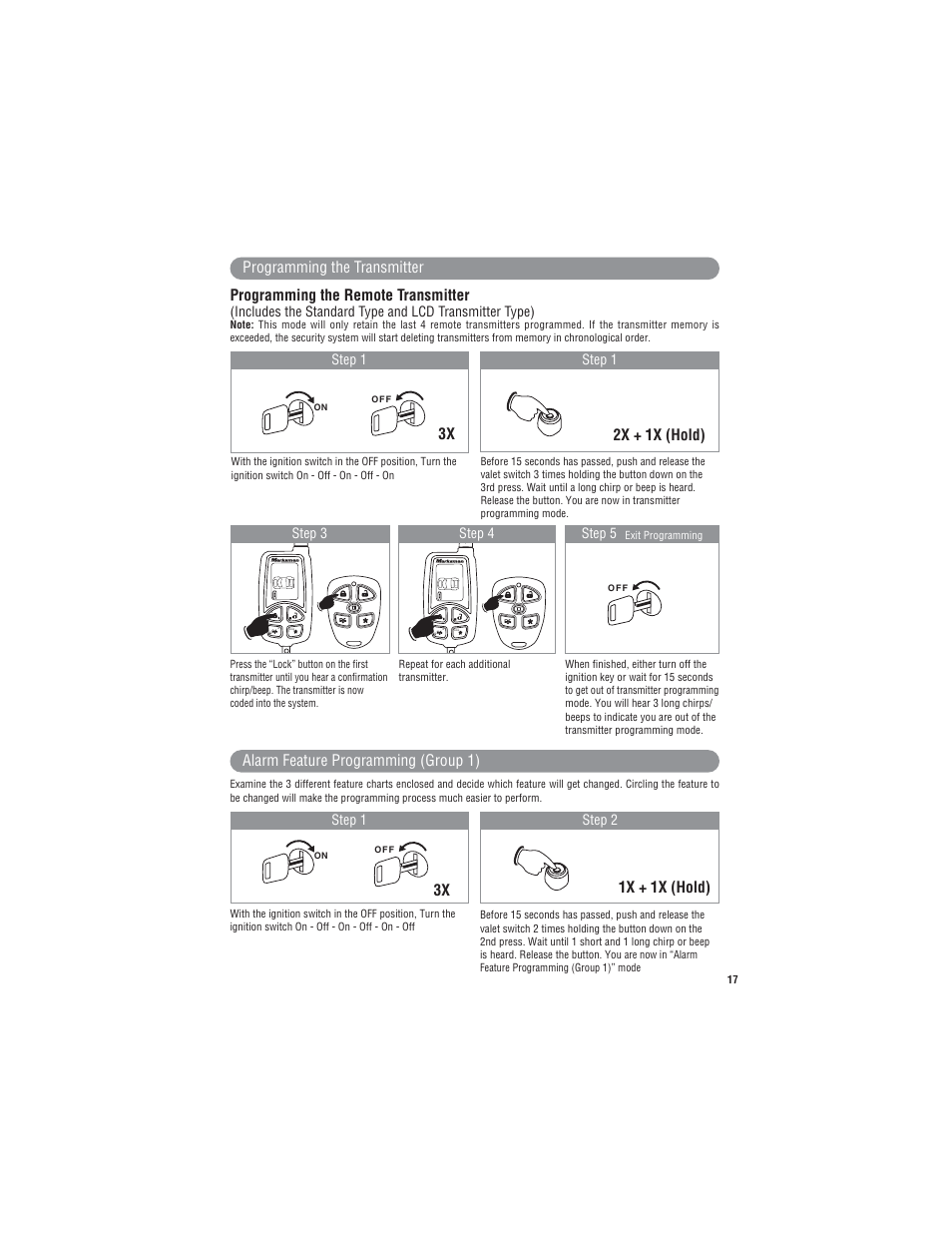 3x 1x + 1x (hold), 3x 2x + 1x (hold), Programming the remote transmitter | Programming the transmitter, Alarm feature programming (group 1), Step 1, Step 1 step 3 step 4 step 5, Step 1 step 2 | Magnadyne Extreme Series X9 User Manual | Page 17 / 28