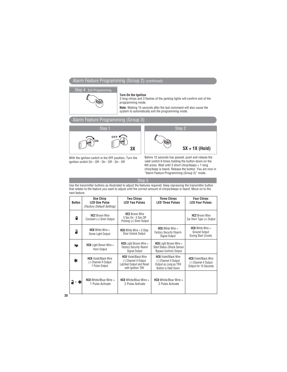 3x 5x + 1x (hold), Alarm feature programming (group 2), Alarm feature programming (group 3) | Step 4, Step 1 step 2, Step 3 | Magnadyne Extreme Series X9 User Manual | Page 20 / 28