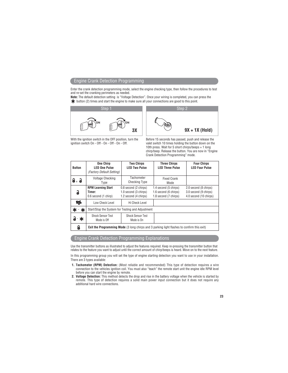 Engine crank detection programming explanations, Engine crank detection programming, 3x 9x + 1x (hold) | Step 1 step 2 | Magnadyne Extreme Series X9 User Manual | Page 23 / 28