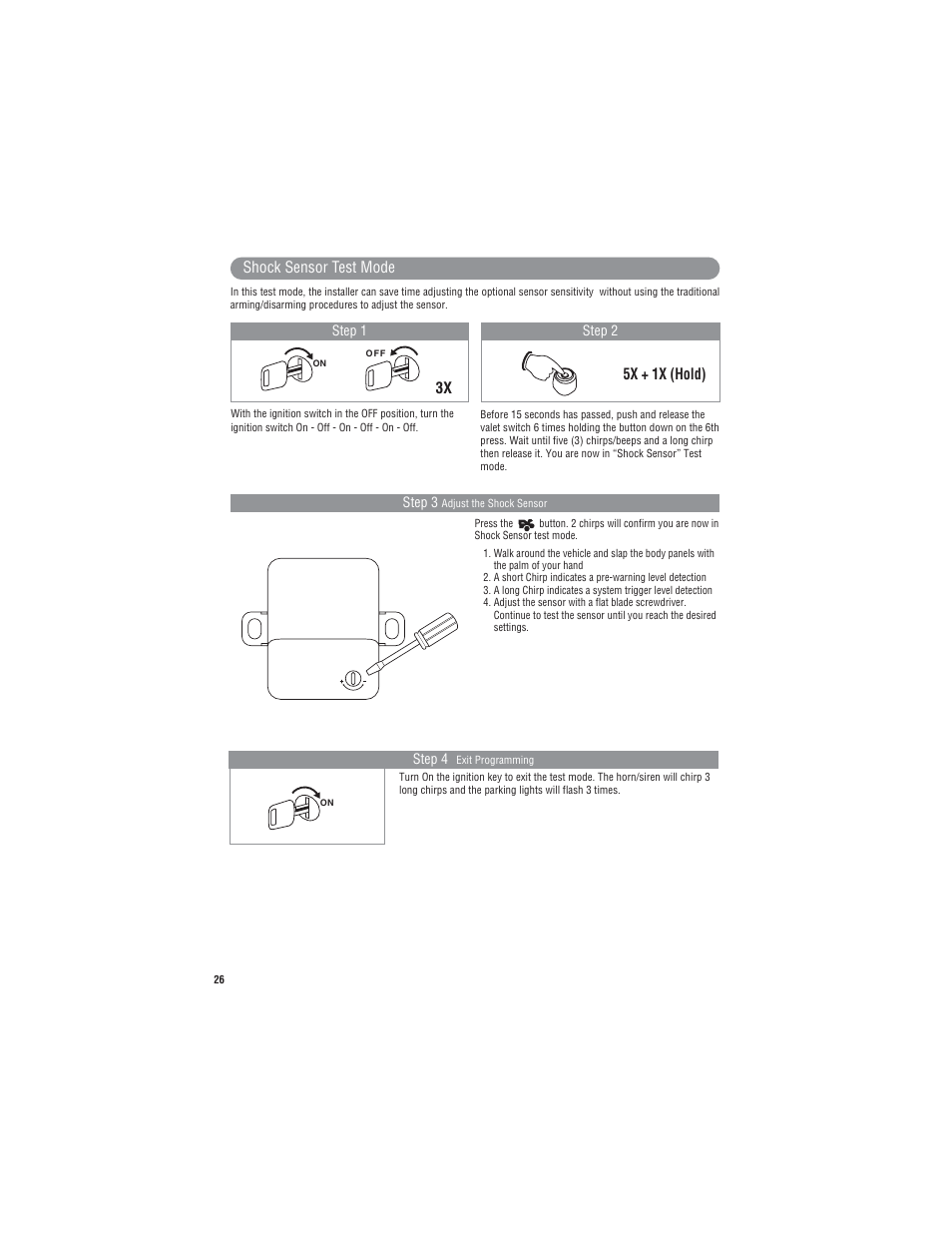 5x + 1x (hold) shock sensor test mode | Magnadyne Extreme Series X9 User Manual | Page 26 / 28