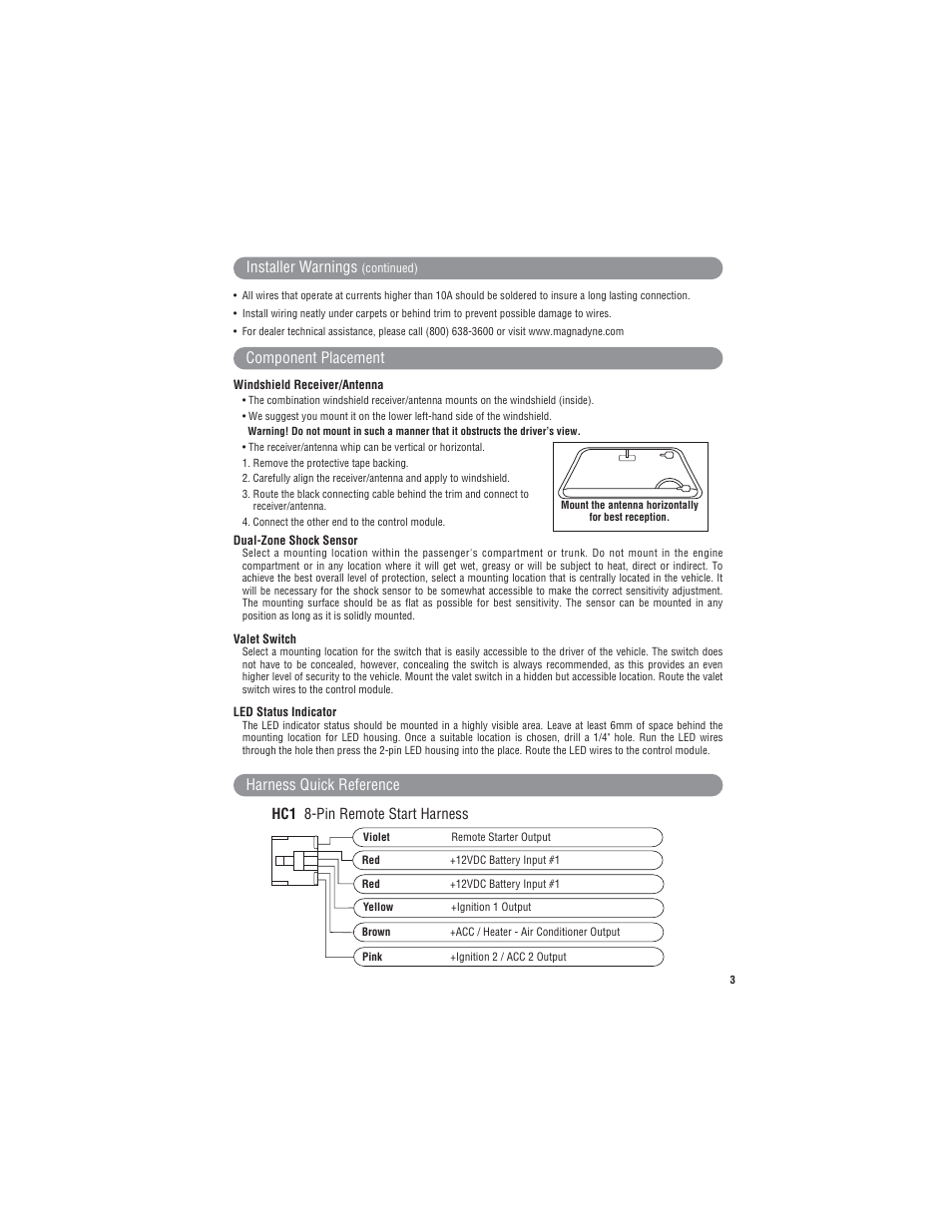 Component placement, Installer warnings, Harness quick reference | Magnadyne Extreme Series X9 User Manual | Page 3 / 28