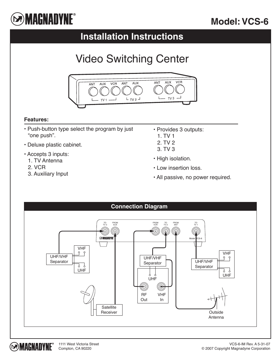 Magnadyne Video Switching Center VCS-6 User Manual | 1 page
