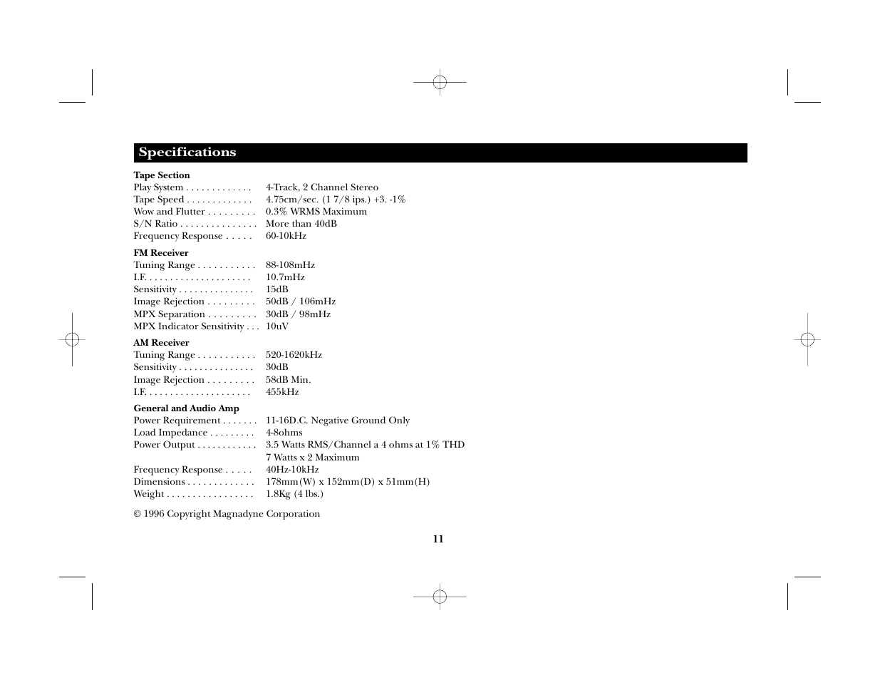 Specifications | Magnadyne M2080 User Manual | Page 11 / 12