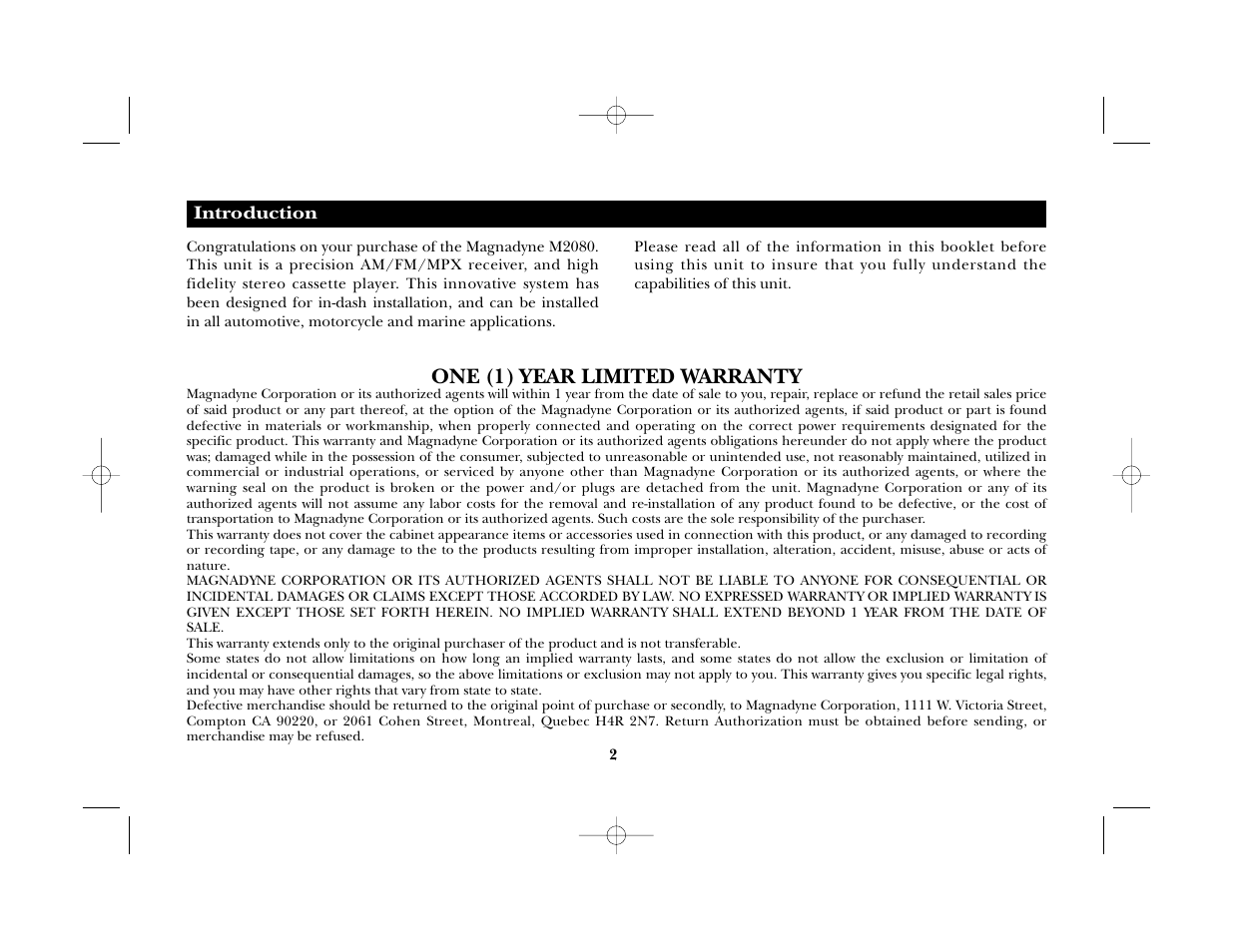 One (1) year limited warranty | Magnadyne M2080 User Manual | Page 2 / 12
