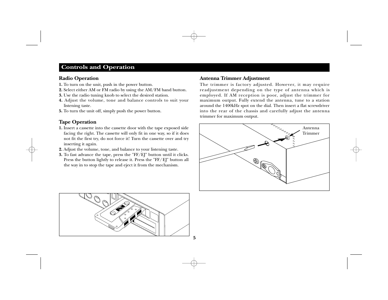 Controls and operation, Radio operation, Tape operation | Antenna trimmer adjustment, Antenna trimmer | Magnadyne M2080 User Manual | Page 5 / 12