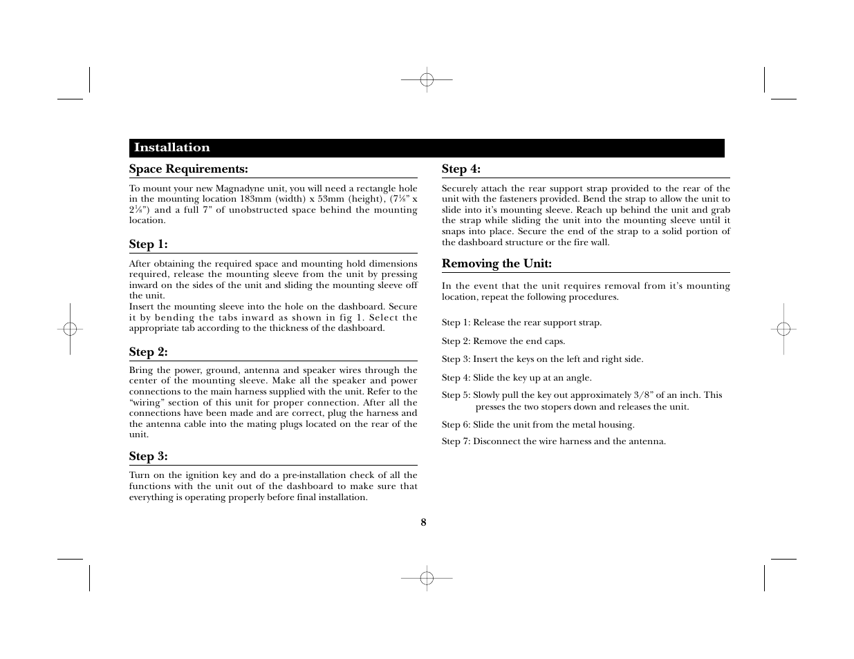 Installation space requirements, Step 1, Step 2 | Step 3, Step 4, Removing the unit | Magnadyne M2080 User Manual | Page 8 / 12