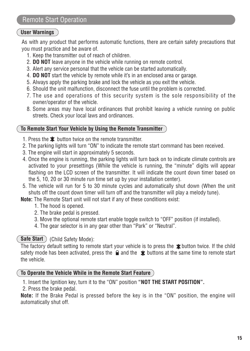 Remote start operation | Magnadyne MARKSMAN X11 User Manual | Page 15 / 24