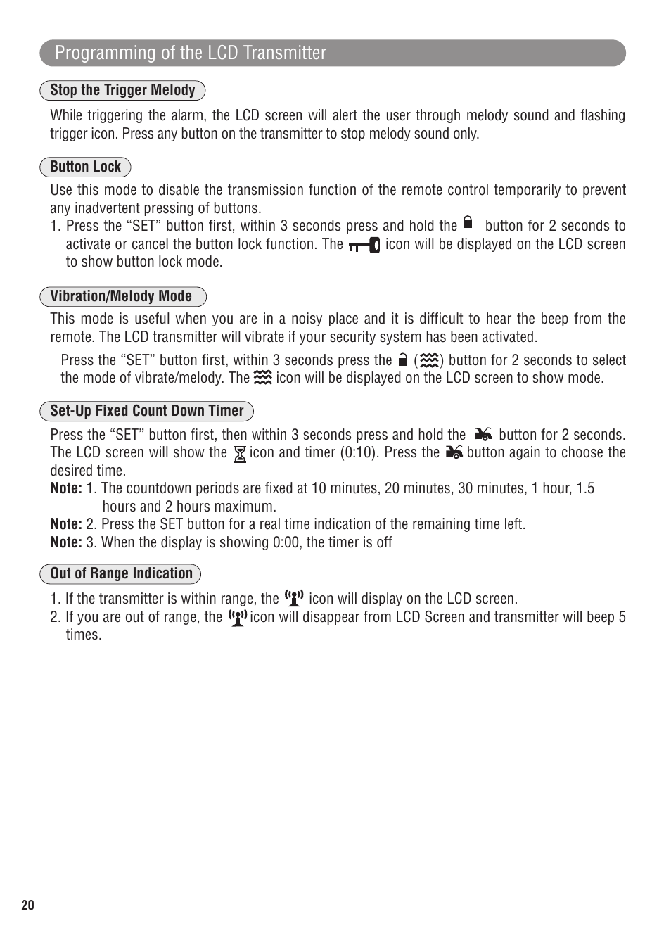 Programming of the lcd transmitter | Magnadyne MARKSMAN X11 User Manual | Page 20 / 24
