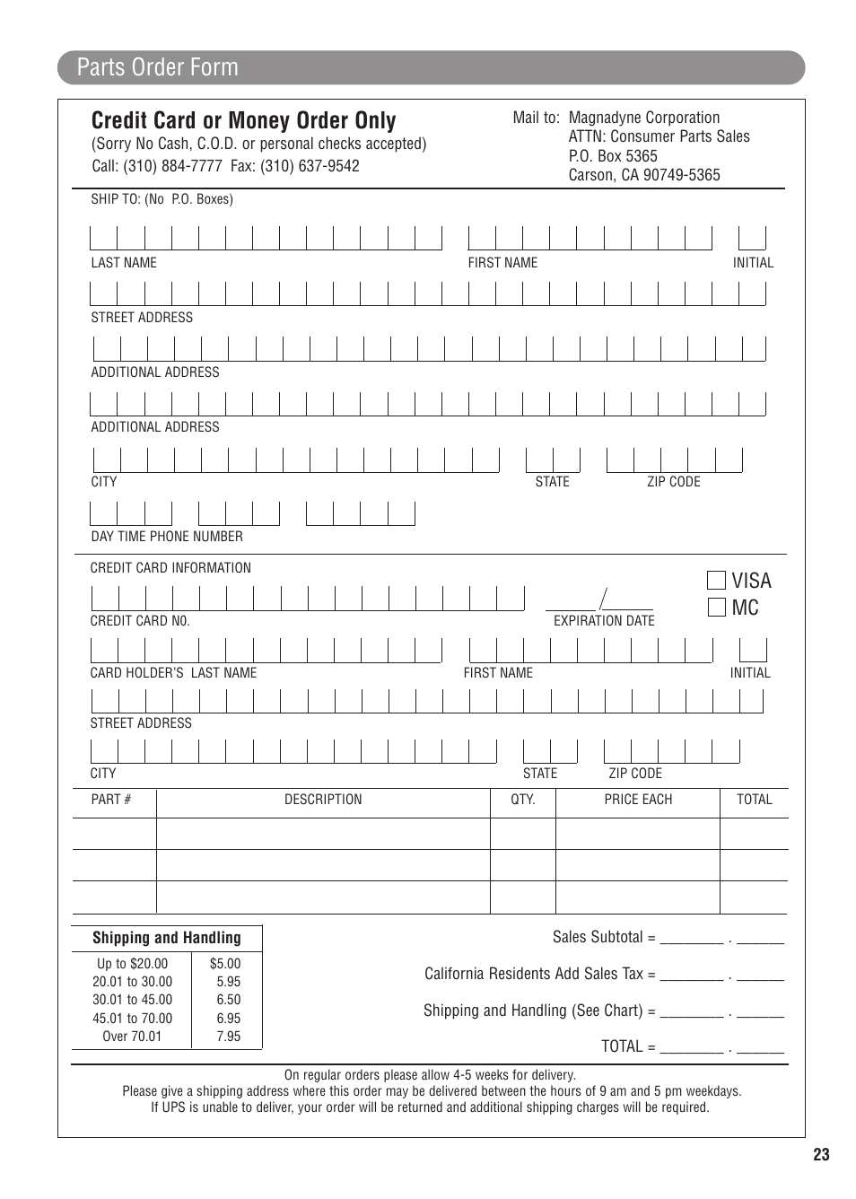 Parts order form, Credit card or money order only, Visa mc | Magnadyne MARKSMAN X11 User Manual | Page 23 / 24