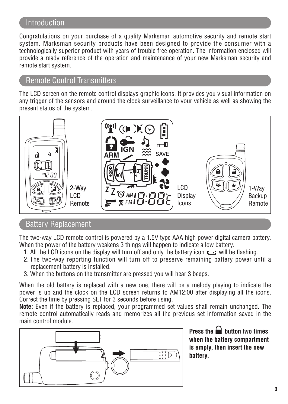 Introduction remote control transmitters, Battery replacement | Magnadyne MARKSMAN X11 User Manual | Page 3 / 24