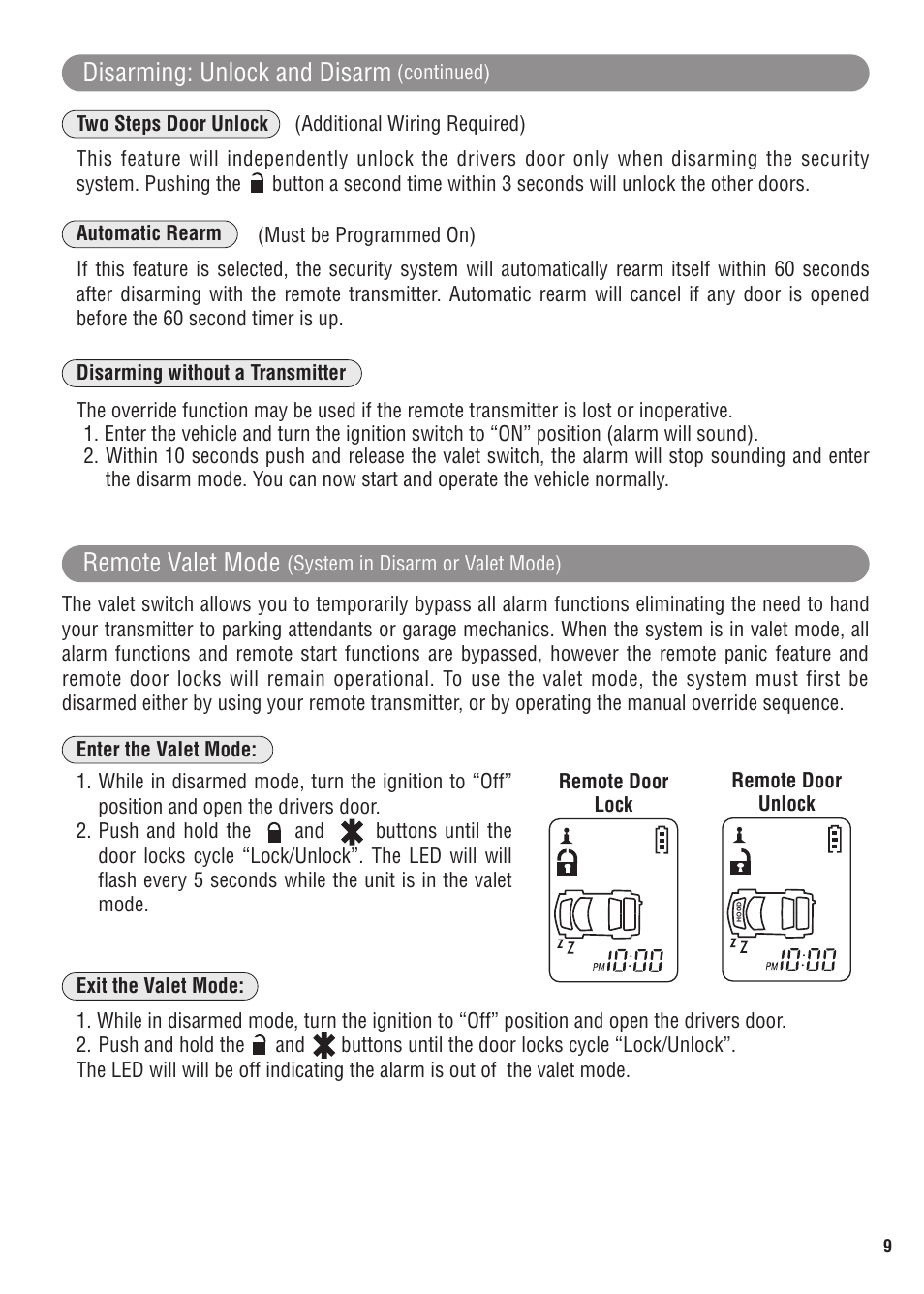Disarming: unlock and disarm, Remote valet mode | Magnadyne MARKSMAN X11 User Manual | Page 9 / 24