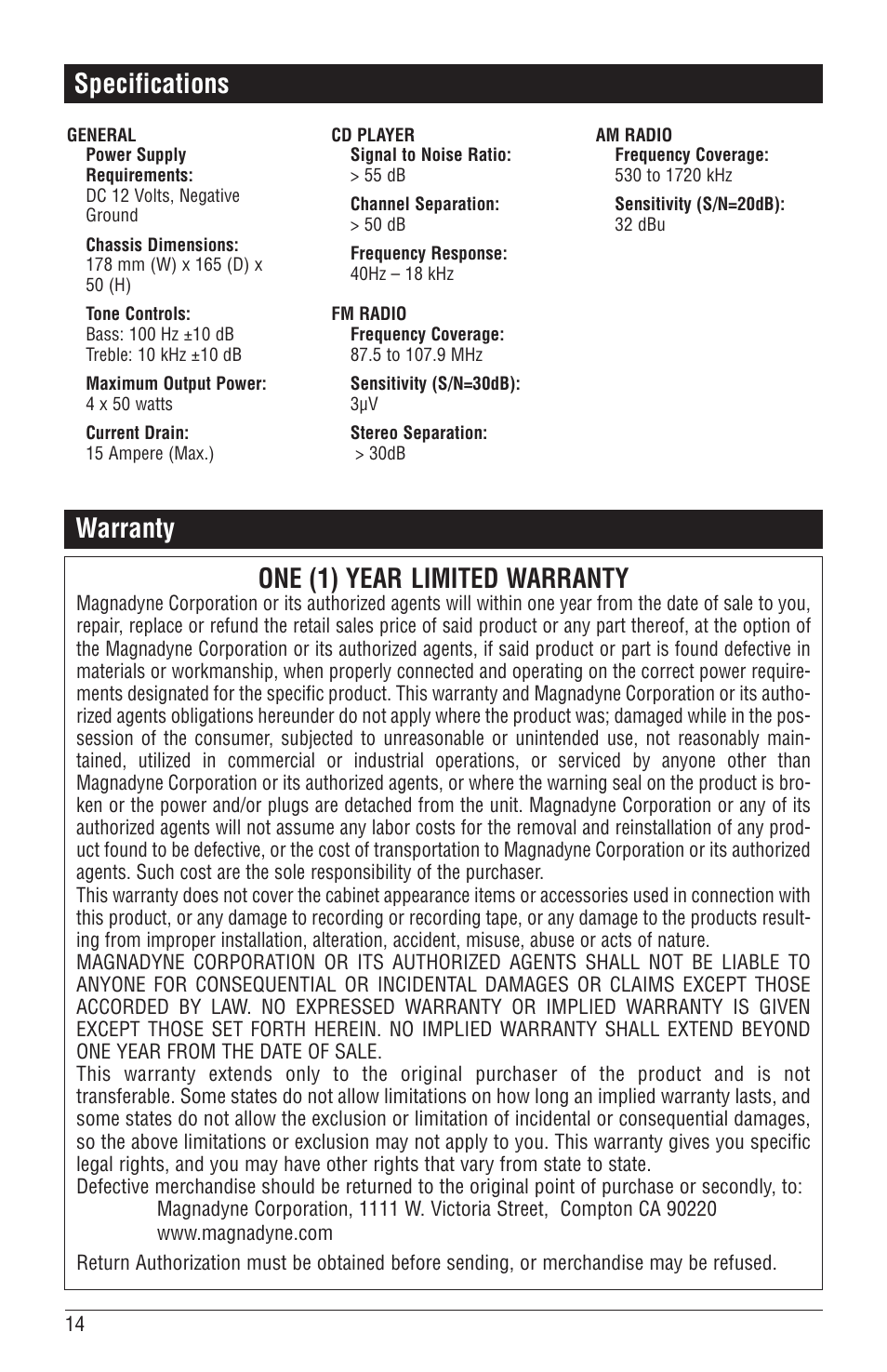 Warranty one (1) year limited warranty, Specifications | Magnadyne M6100CD User Manual | Page 14 / 15