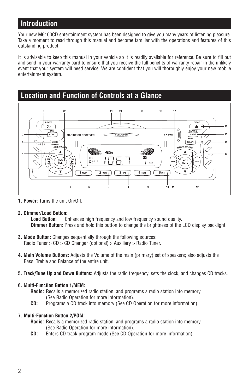 Location and function of controls at a glance, Introduction | Magnadyne M6100CD User Manual | Page 2 / 15