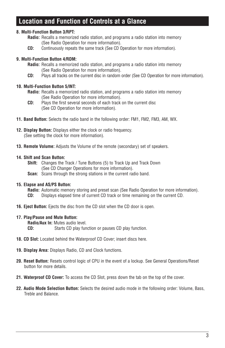 Location and function of controls at a glance | Magnadyne M6100CD User Manual | Page 3 / 15