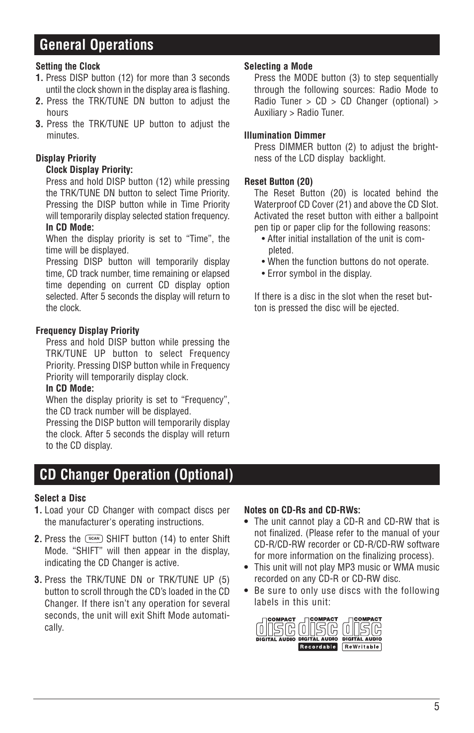 General operations, Cd changer operation (optional) | Magnadyne M6100CD User Manual | Page 5 / 15