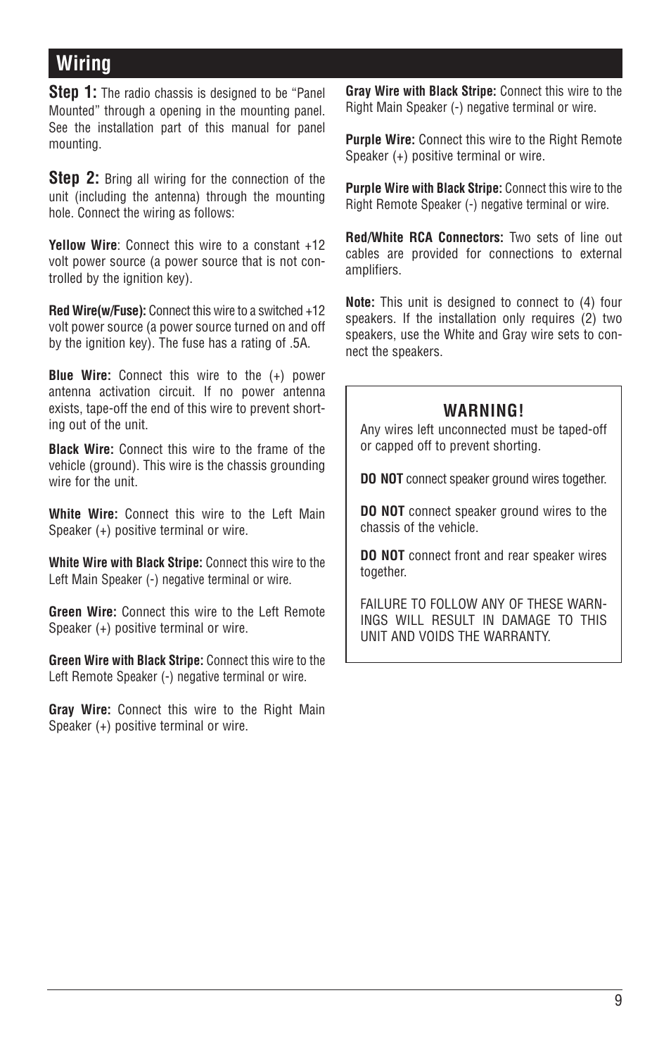 Wiring, Step 1, Step 2 | Warning | Magnadyne M6100CD User Manual | Page 9 / 15