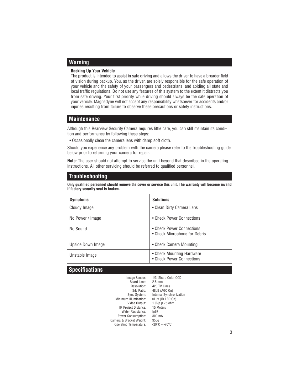 Specifications, Troubleshooting, Maintenance | Warning | Magnadyne MobileVision C125W White User Manual | Page 3 / 4