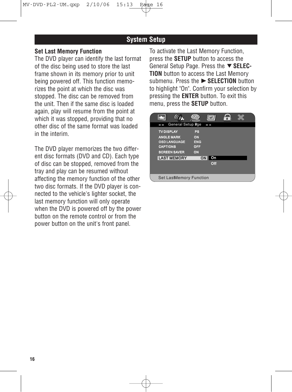 System setup | Magnadyne MV-DVD-PL2 User Manual | Page 16 / 20