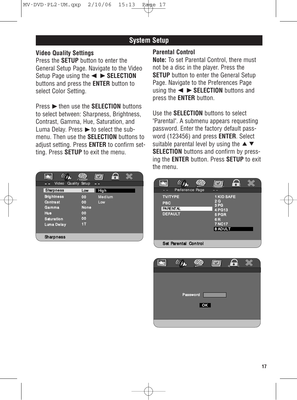 System setup | Magnadyne MV-DVD-PL2 User Manual | Page 17 / 20