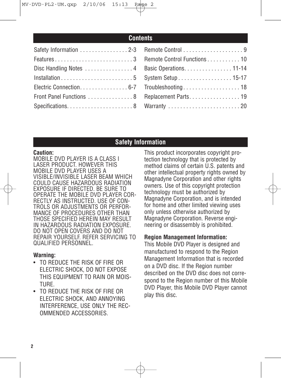 Magnadyne MV-DVD-PL2 User Manual | Page 2 / 20