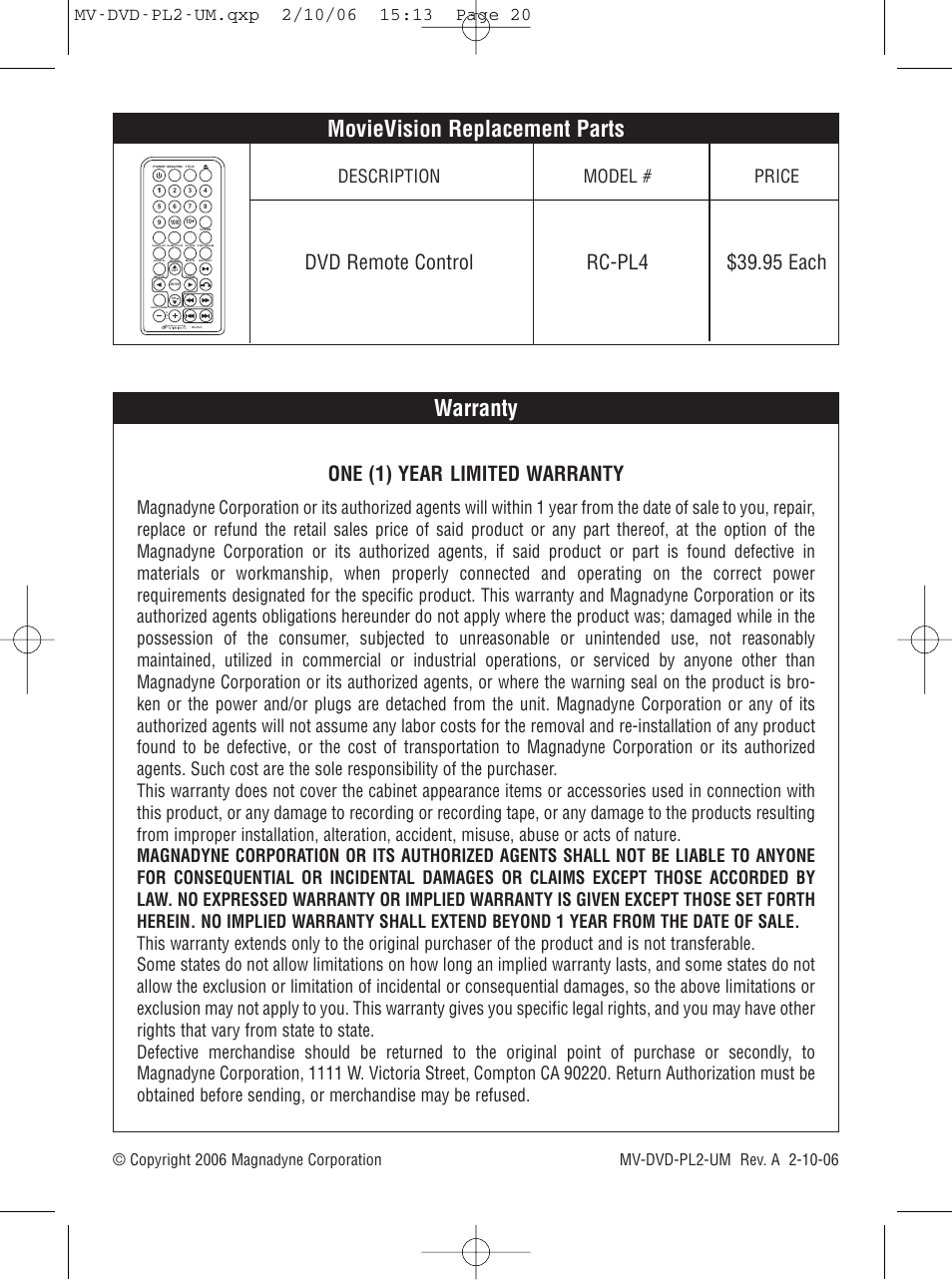 Warranty, Movievision replacement parts, One (1) year limited warranty | Description model # price | Magnadyne MV-DVD-PL2 User Manual | Page 20 / 20