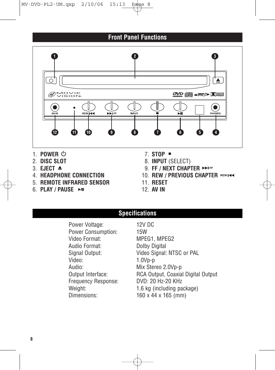 Front panel functions, Specifications | Magnadyne MV-DVD-PL2 User Manual | Page 8 / 20