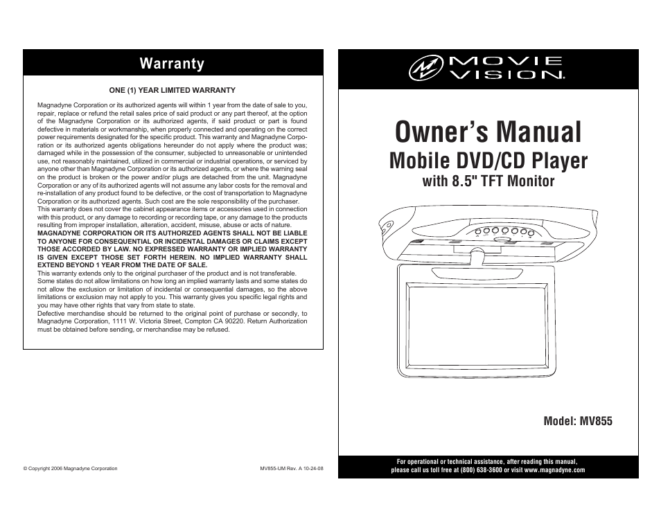 Magnadyne MOVIE VISION MV855 User Manual | 20 pages