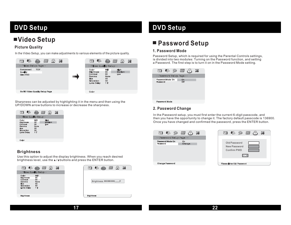 Dvd setup video setup, Dvd setup password setup, Picture quality | Password mode, Password change, Brightness | Magnadyne MOVIE VISION MV855 User Manual | Page 18 / 20