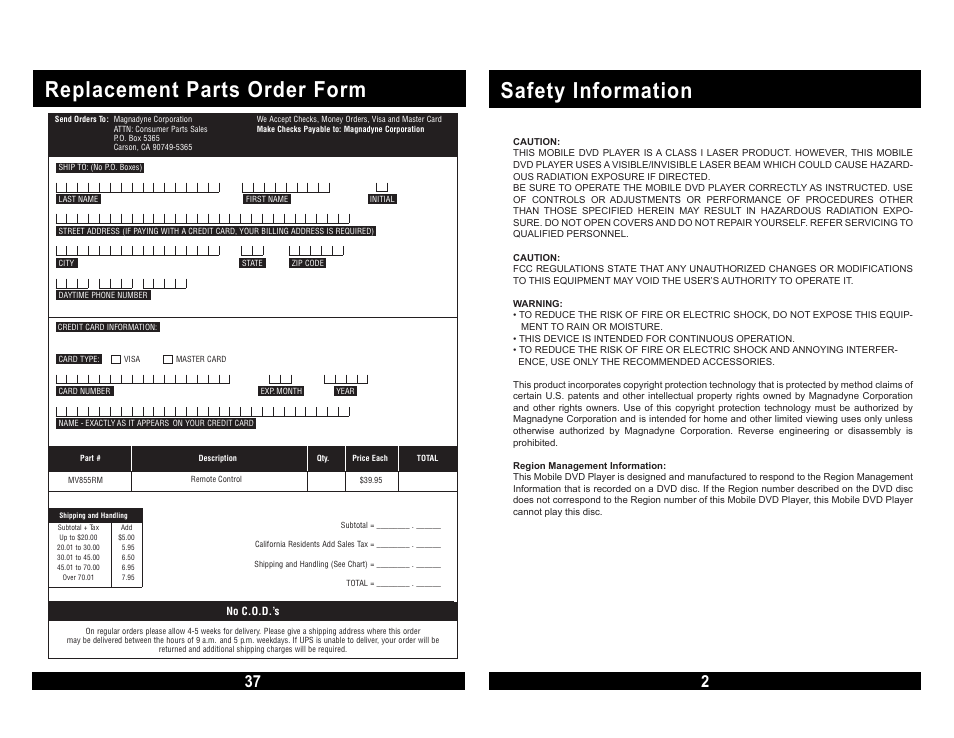 Safety information, Replacement parts order form | Magnadyne MOVIE VISION MV855 User Manual | Page 3 / 20