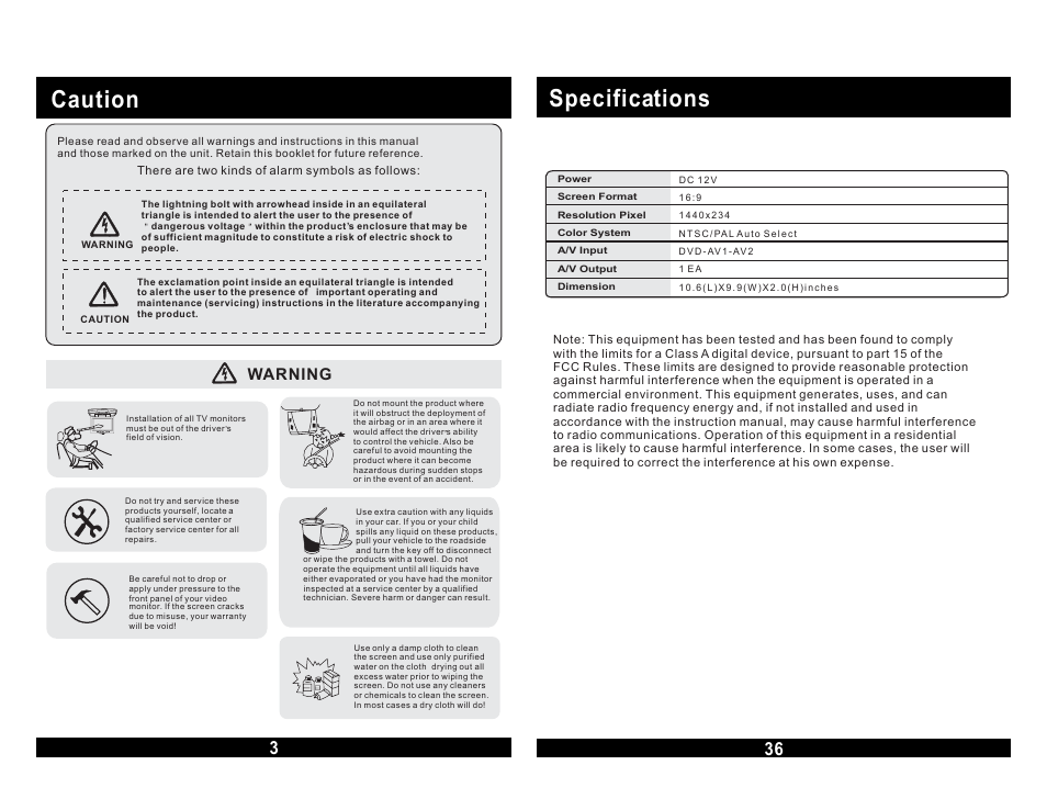 Caution, Specifications, Warning | Magnadyne MOVIE VISION MV855 User Manual | Page 4 / 20