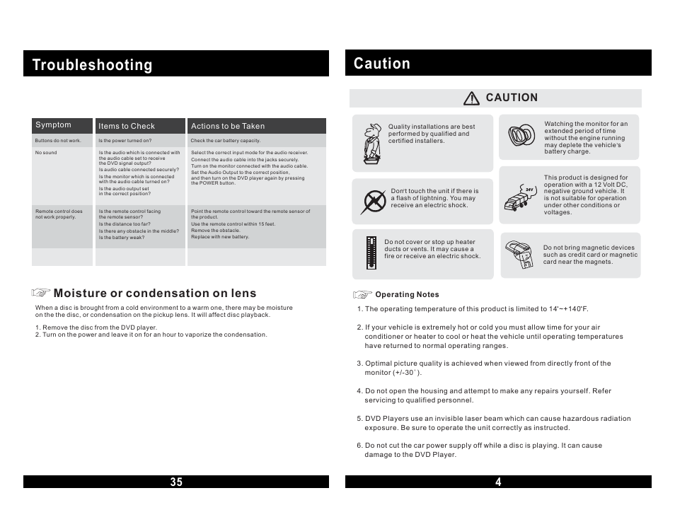 Caution troubleshooting, 35 moisture or condensation on lens, Caution | Magnadyne MOVIE VISION MV855 User Manual | Page 5 / 20