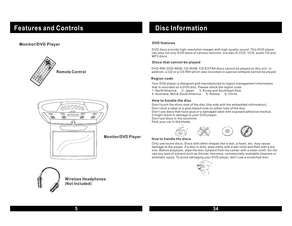 Features and controls, Disc information | Magnadyne MOVIE VISION MV855 User Manual | Page 6 / 20