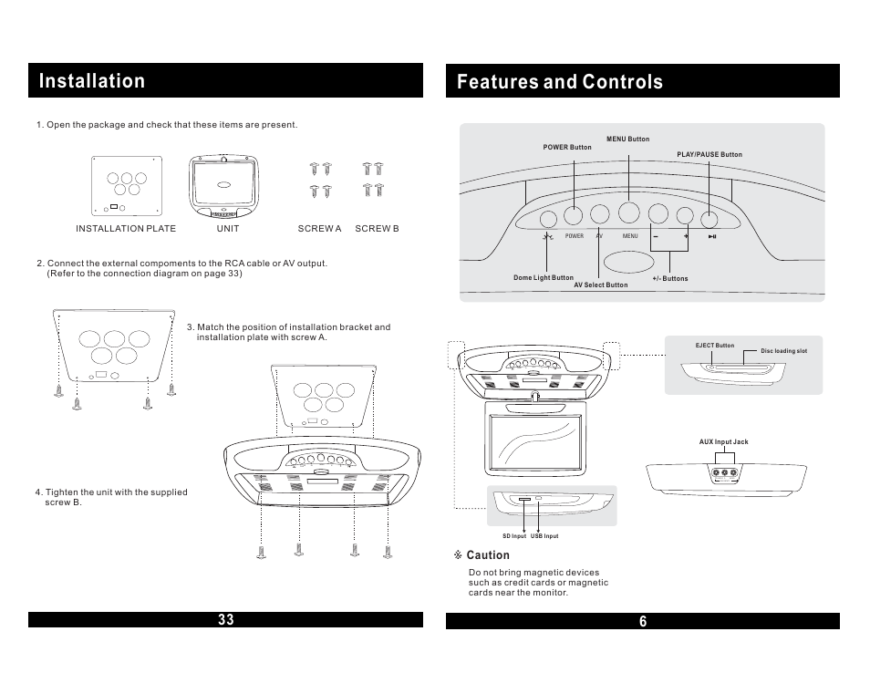 Features and controls, Installation, Power av menu | Caution | Magnadyne MOVIE VISION MV855 User Manual | Page 7 / 20