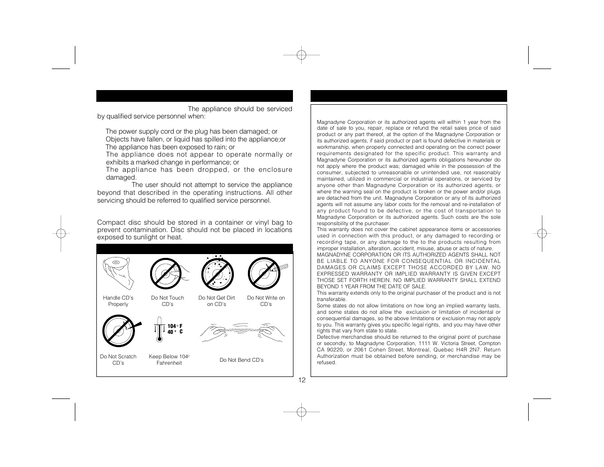 Operation and maintenance, Warranty one (1) year limited warranty | Magnadyne LS7500CD User Manual | Page 12 / 12