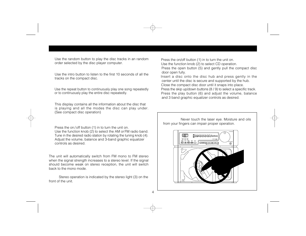 Controls and functions, Stereo, 12 -12 hi mid lo | Volume min max am cd fm, Random intro repeat, Compact disc operation, Radio operation, Fm stereo operation | Magnadyne LS7500CD User Manual | Page 4 / 12